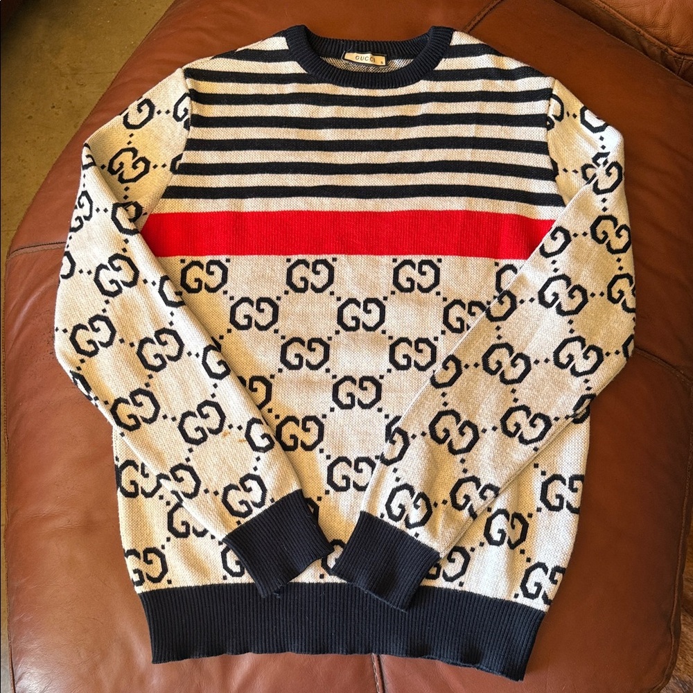 Gucci Men's Striped Logo Sweater - Red, Black, Cream